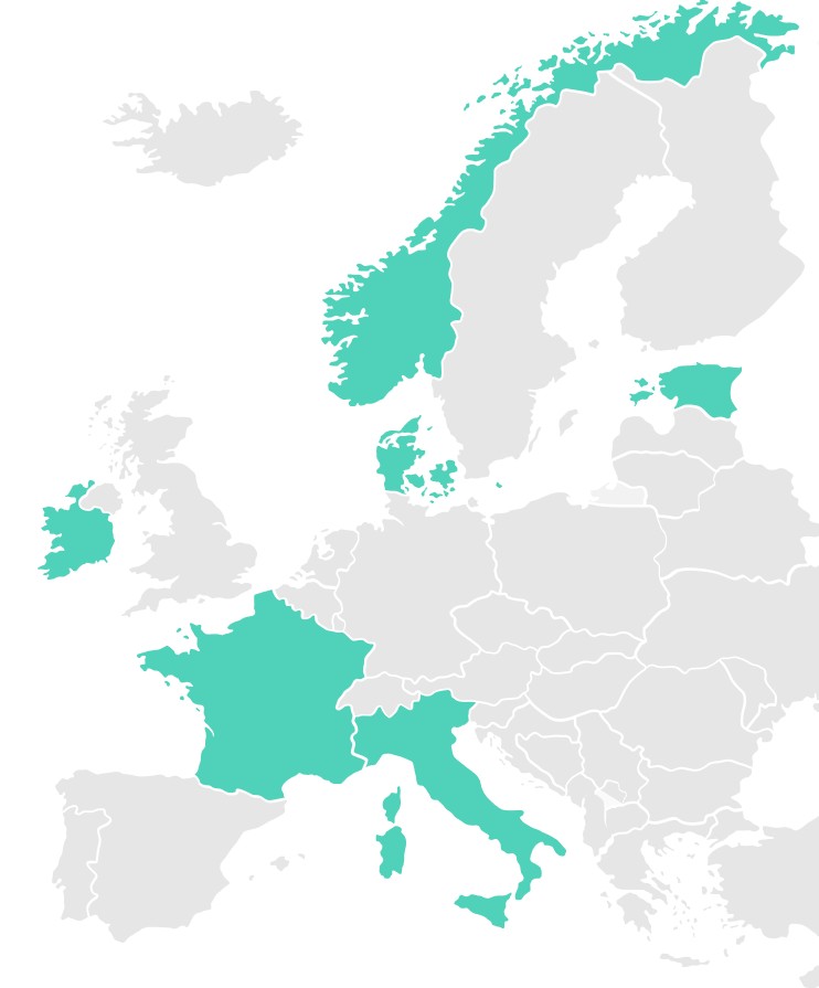 This map shows the European countries participating in the LEG-DHC project: Denmark, Estonia, France, Ireland, Italy, and Norway.